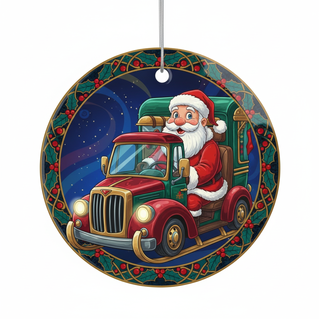 [2D FLAT ACRYLIC] Glass Santa Truck Driver Christmas Ornament | Unique Trucker Gift & Holiday Decor