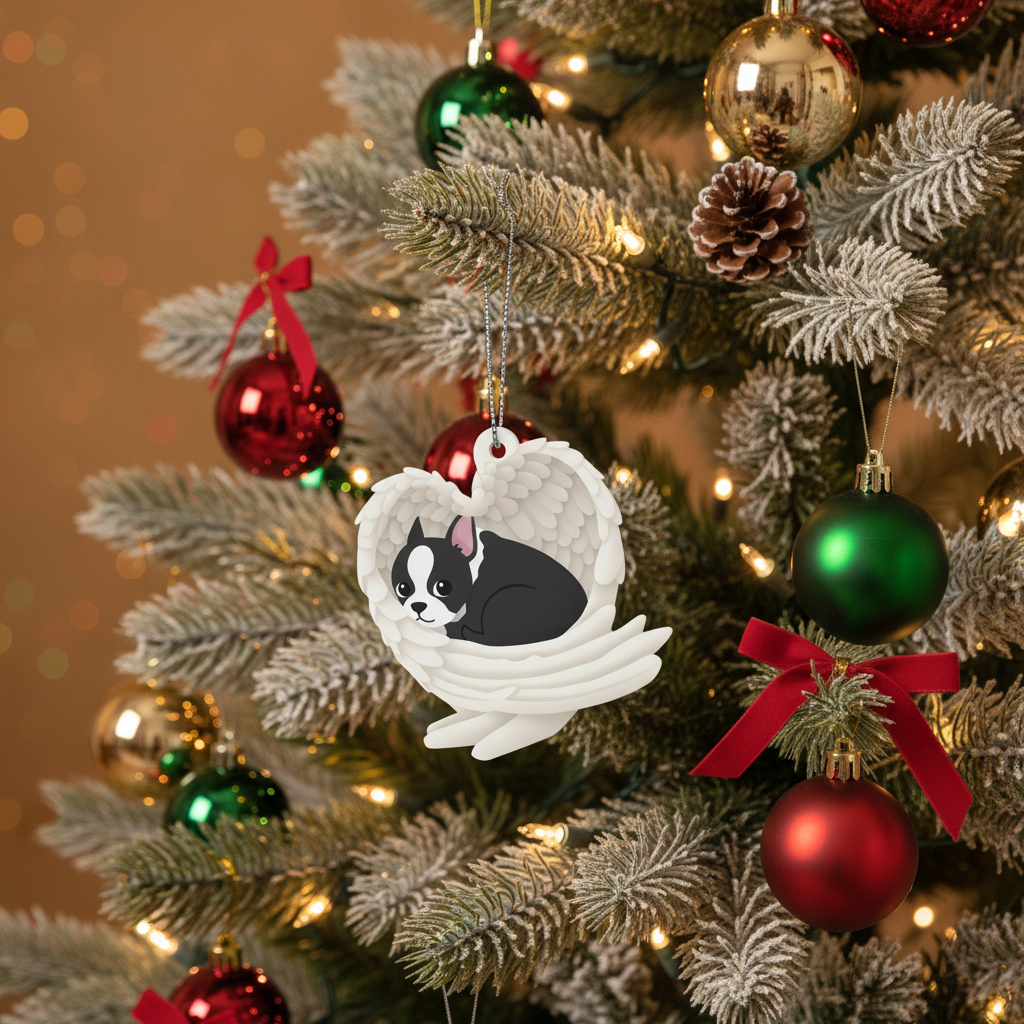 [2D FLAT ACRYLIC] Boston Terrier Angel Memorial Ornament | Sleeping Dog Christmas Keepsake Gift
