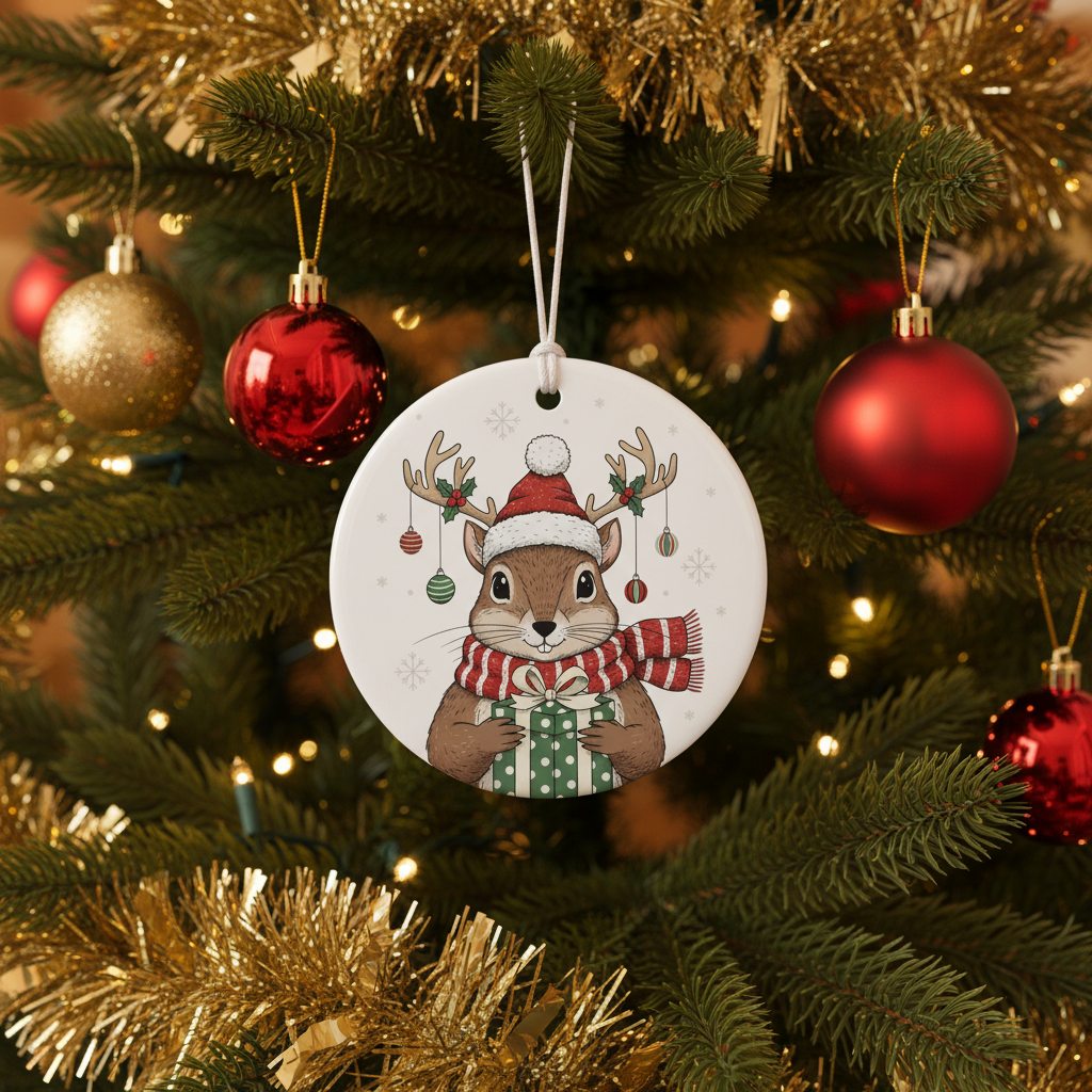 [2D FLAT ACRYLIC] Ceramic Squirrel Christmas Ornament | Cute Holiday Decor & Gift for Animal Lovers