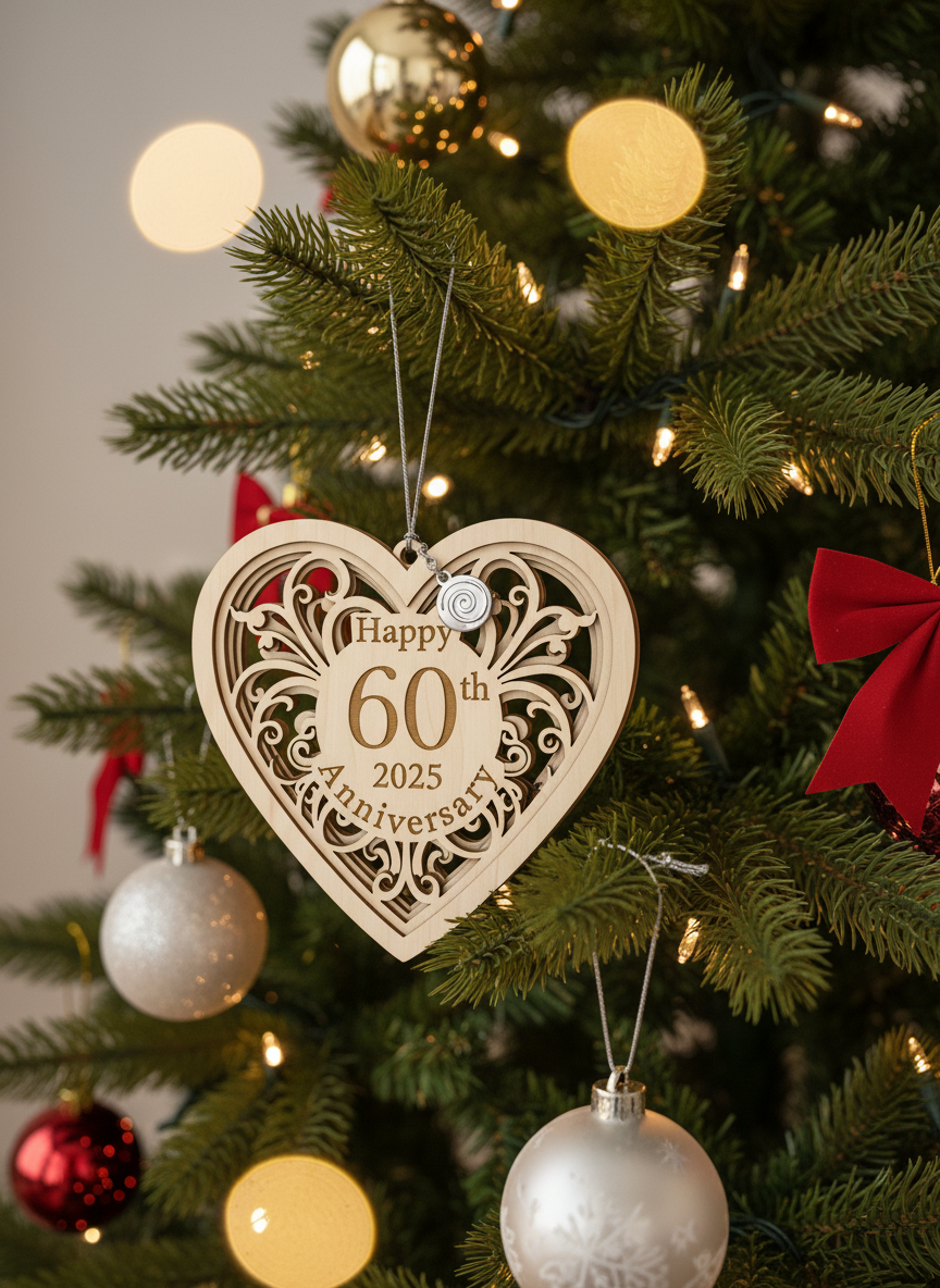 [2D FLAT ACRYLIC] 60th Anniversary Heart Ornament with 2025 Year Tag – Keepsake Gift for Couples