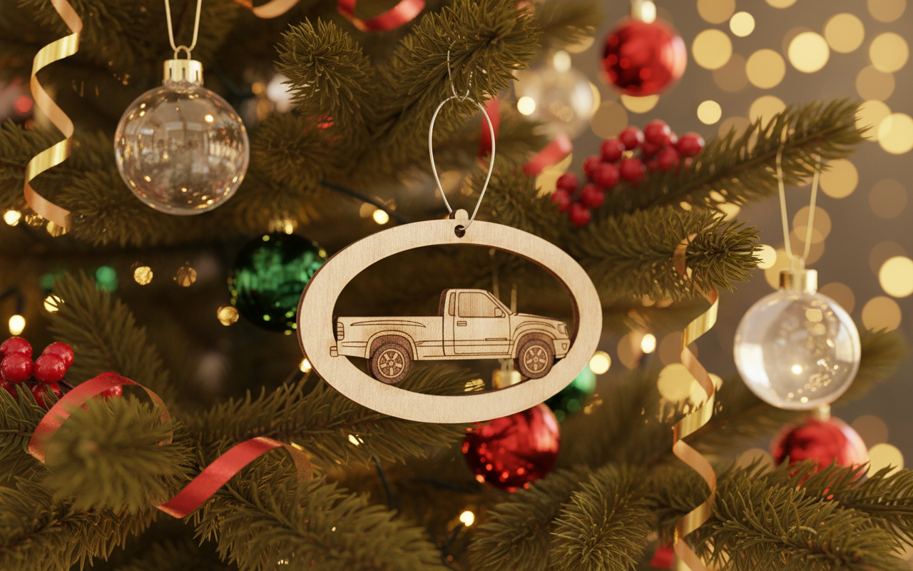 [2D FLAT ACRYLIC] Personalized Pickup Truck Christmas Ornament | Rustic Wooden Holiday Decor