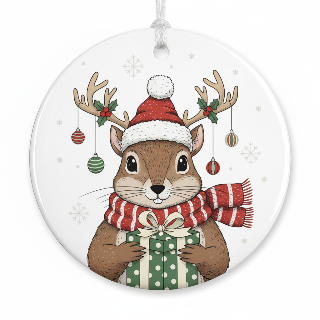[2D FLAT ACRYLIC] Ceramic Squirrel Christmas Ornament | Cute Holiday Decor & Gift for Animal Lovers