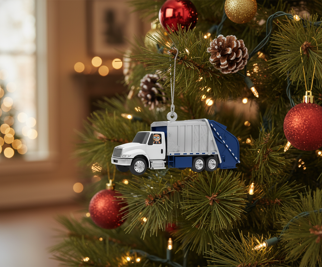 White and blue garbage truck ornament hanging on a decorated Christmas tree.