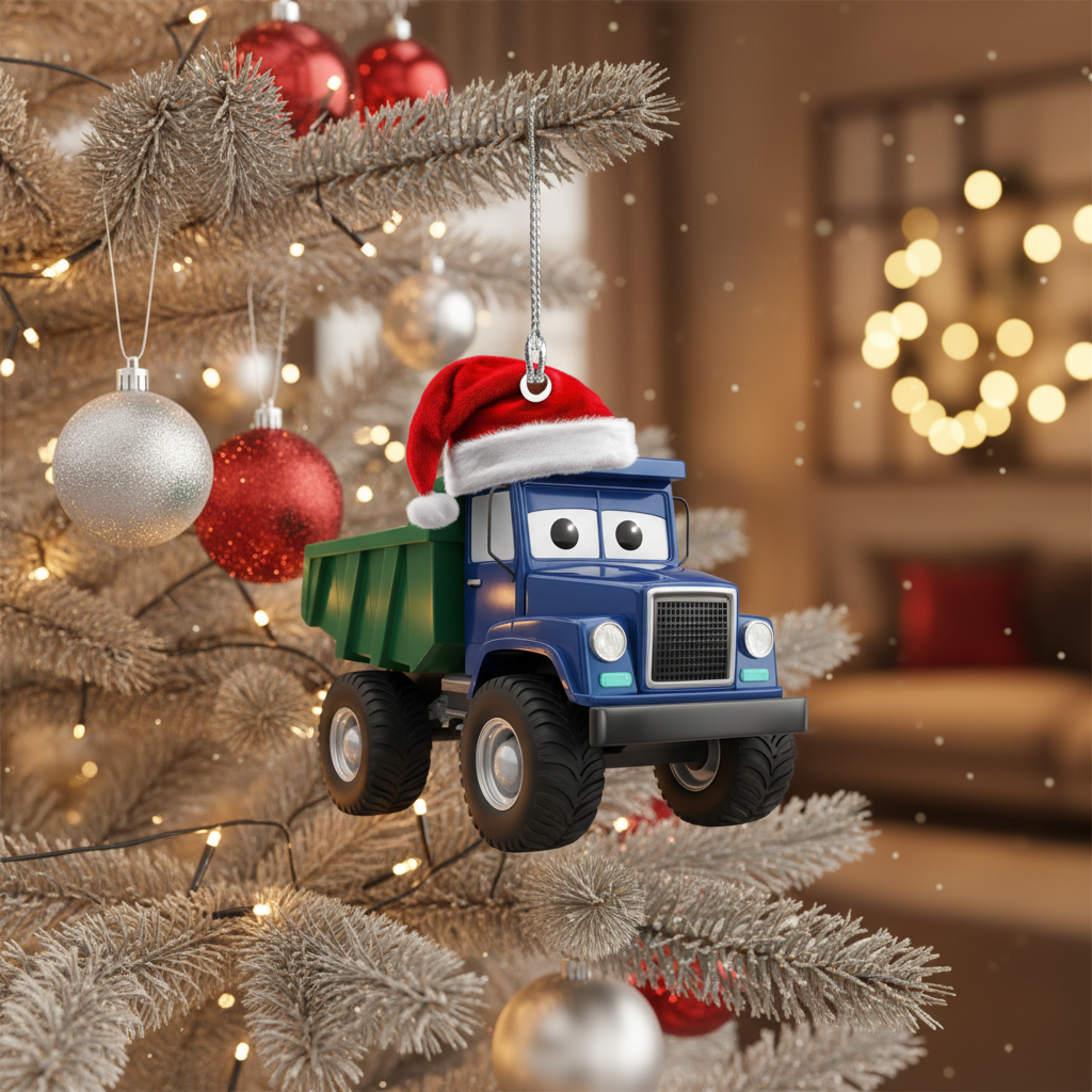 [2D FLAT ACRYLIC] Christmas Dump Truck Ornament | Cute Blue Truck Christmas Decoration | Holiday Gift for Boys