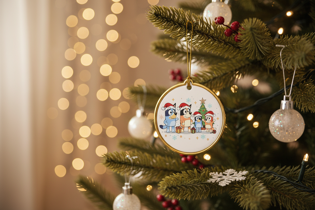 [2D FLAT ACRYLIC] Blue Dog Family Christmas Ornament – 2024 Personalized Keepsake Gift for Cartoon Lovers