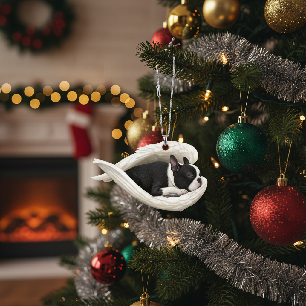 [2D FLAT ACRYLIC] Boston Terrier Angel Memorial Ornament | Sleeping Dog Christmas Keepsake Gift