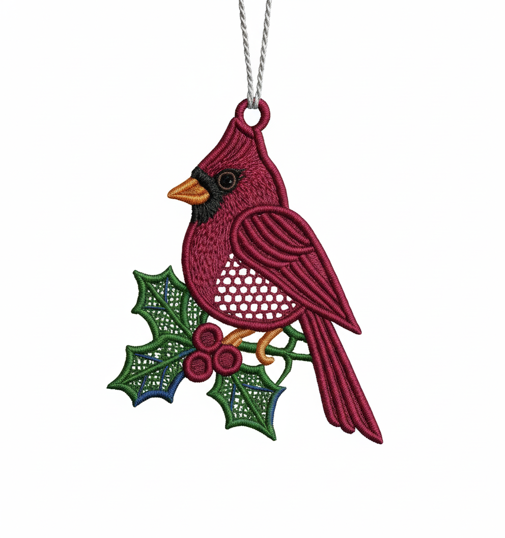[2D FLAT ACRYLIC] Red Cardinal FSL Embroidery Design – Winter Bird Christmas Ornament for 5x7 Hoop