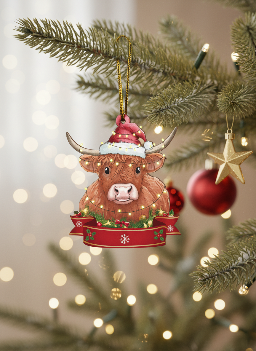 [2D FLAT ACRYLIC] American Highland Cow Ornament – Christmas Tree & Car Decor Gift