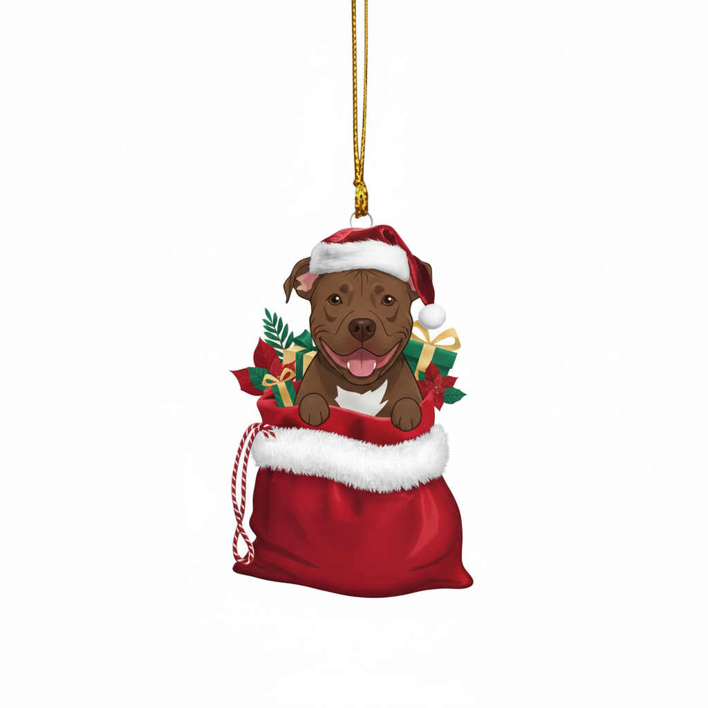 [2D FLAT ACRYLIC] Adorable Pit Bull Christmas Ornament | Dog in Santa Bag Hanging Keepsake | Gift for Pitbull Lovers