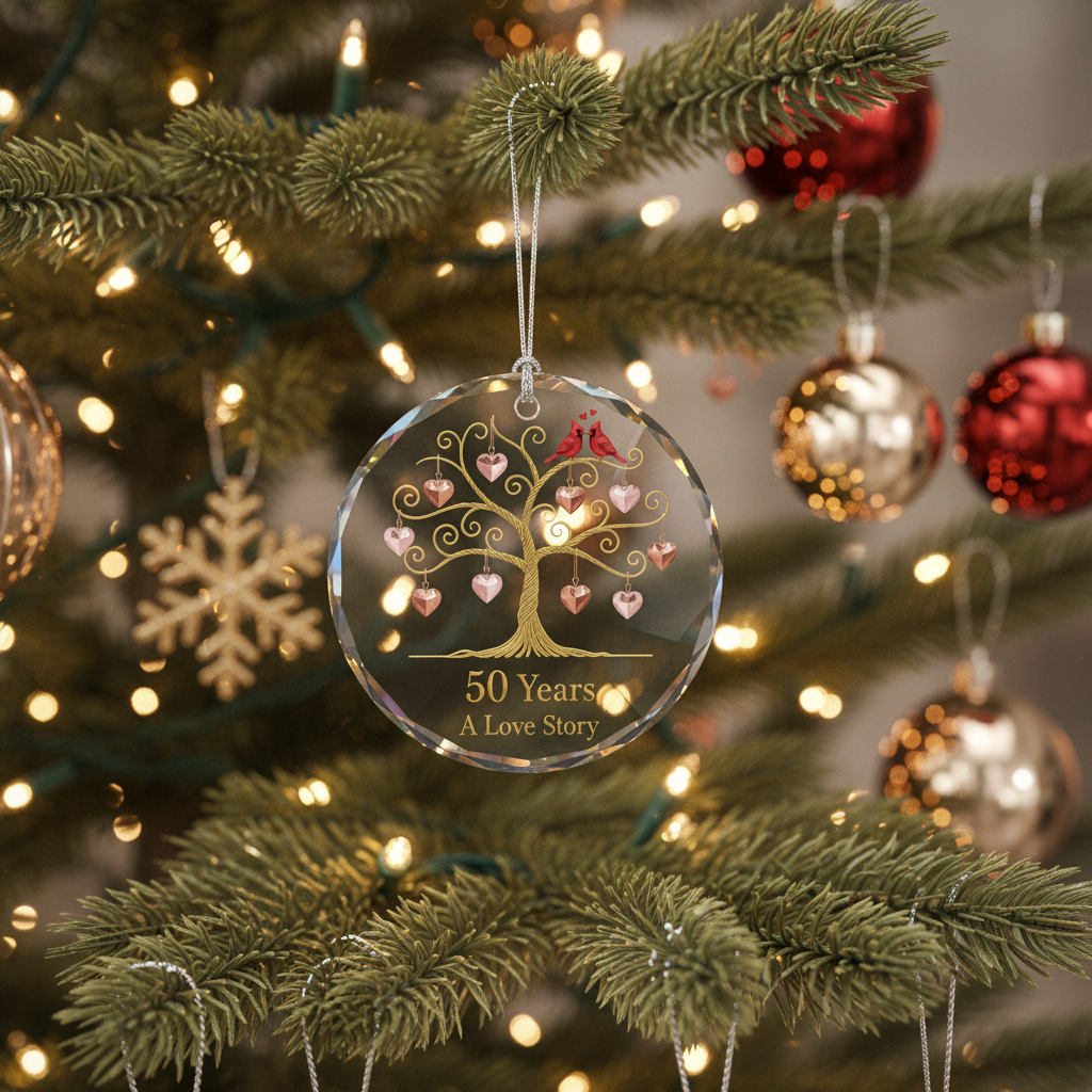 [2D FLAT ACRYLIC] 50th Golden Wedding Anniversary Glass Ornament – Keepsake Gift for Parents & Couples