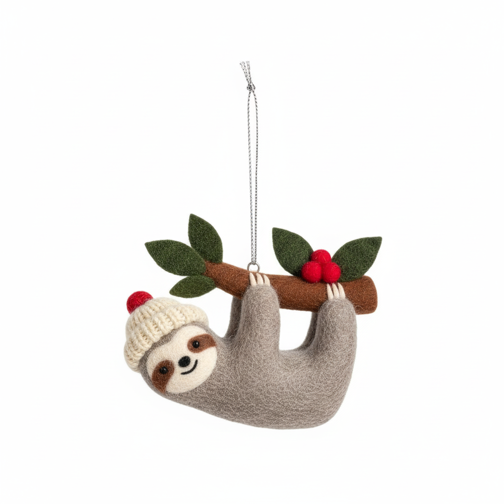 [2D FLAT ACRYLIC] Adorable Felt Sloth Christmas Ornament – Handmade Fair Trade Decoration