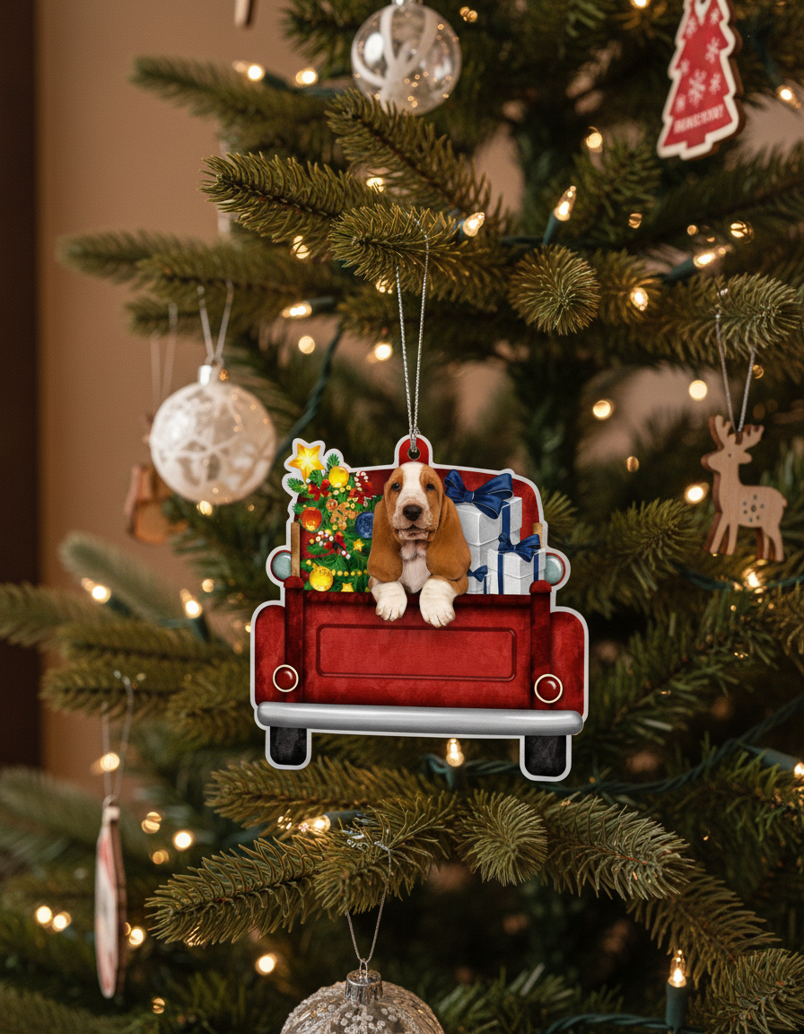 [2D FLAT ACRYLIC] Basset Hound Red Truck Christmas Ornament 2024 | Gift for Dog Lovers