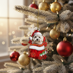 [2D FLAT ACRYLIC] Adorable Maltese Christmas Ornament – Festive Dog in Santa Bag Keepsake Gift