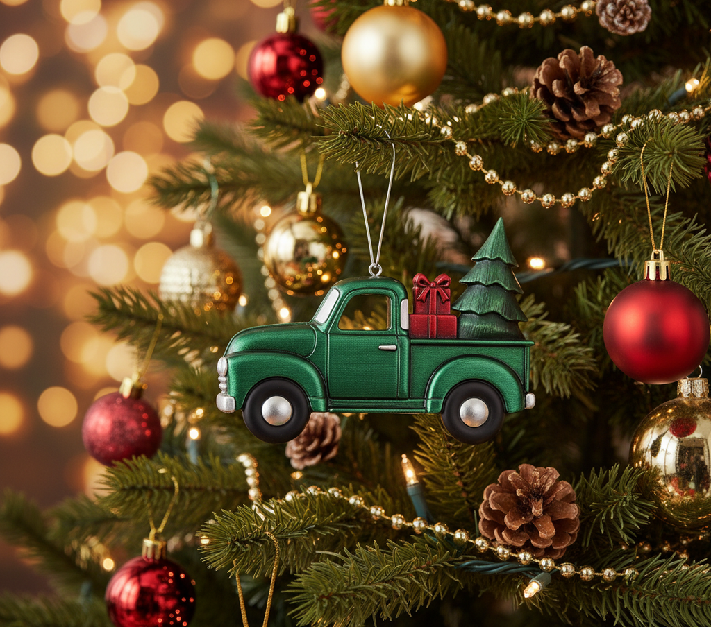 [2D FLAT ACRYLIC] Blue Metal Truck Christmas Ornament | Vintage Holiday Decor & Trucker Gift