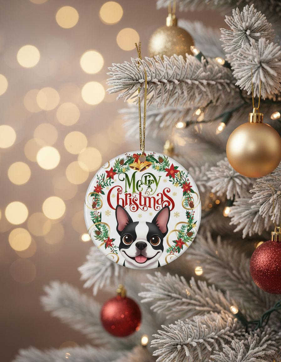 [2D FLAT ACRYLIC] Adorable Boston Terrier Christmas Ornament | Holiday Decor & Unique Gift for Dog Lovers