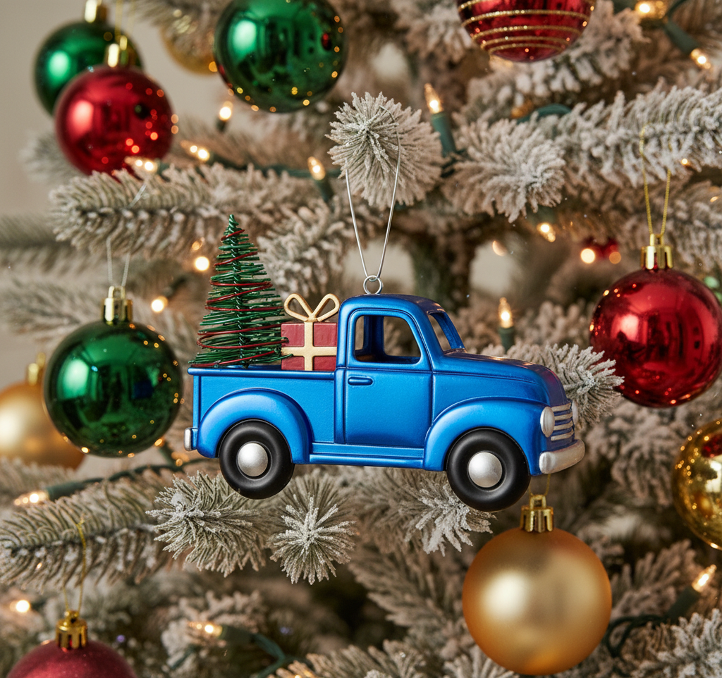 [2D FLAT ACRYLIC] Vintage Blue Truck Christmas Ornament | Charming Holiday Tree Decor