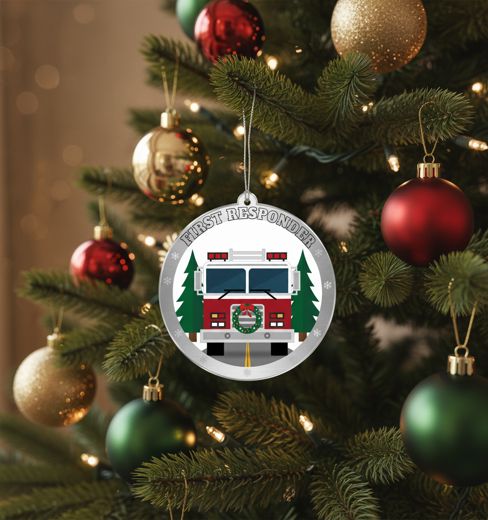 [2D FLAT ACRYLIC] Funny Fire Truck Ornament | Wooden Holiday Decor & Unique Trucker Gift