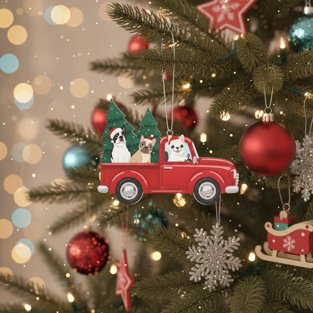 [2D FLAT ACRYLIC] Christmas Dog Truck Ornament | 2D Flat Acrylic Ornament | Red Pickup with Bulldogs | Funny Holiday Tree Decoration 2025 | Cute Pet Gift