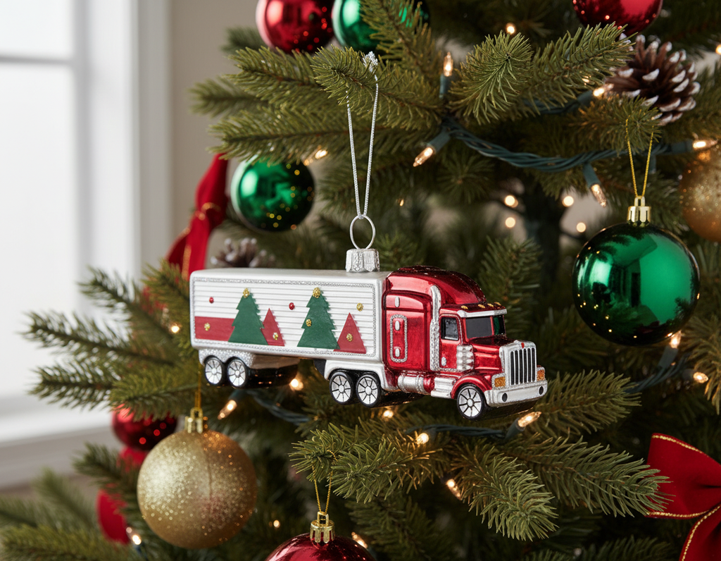 [2D FLAT ACRYLIC] The Bridge Collection Santa Express Truck Ornament – 4.75-Inch Red and White Christmas Semi-Truck Decoration, Perfect Gift for Truck Drivers