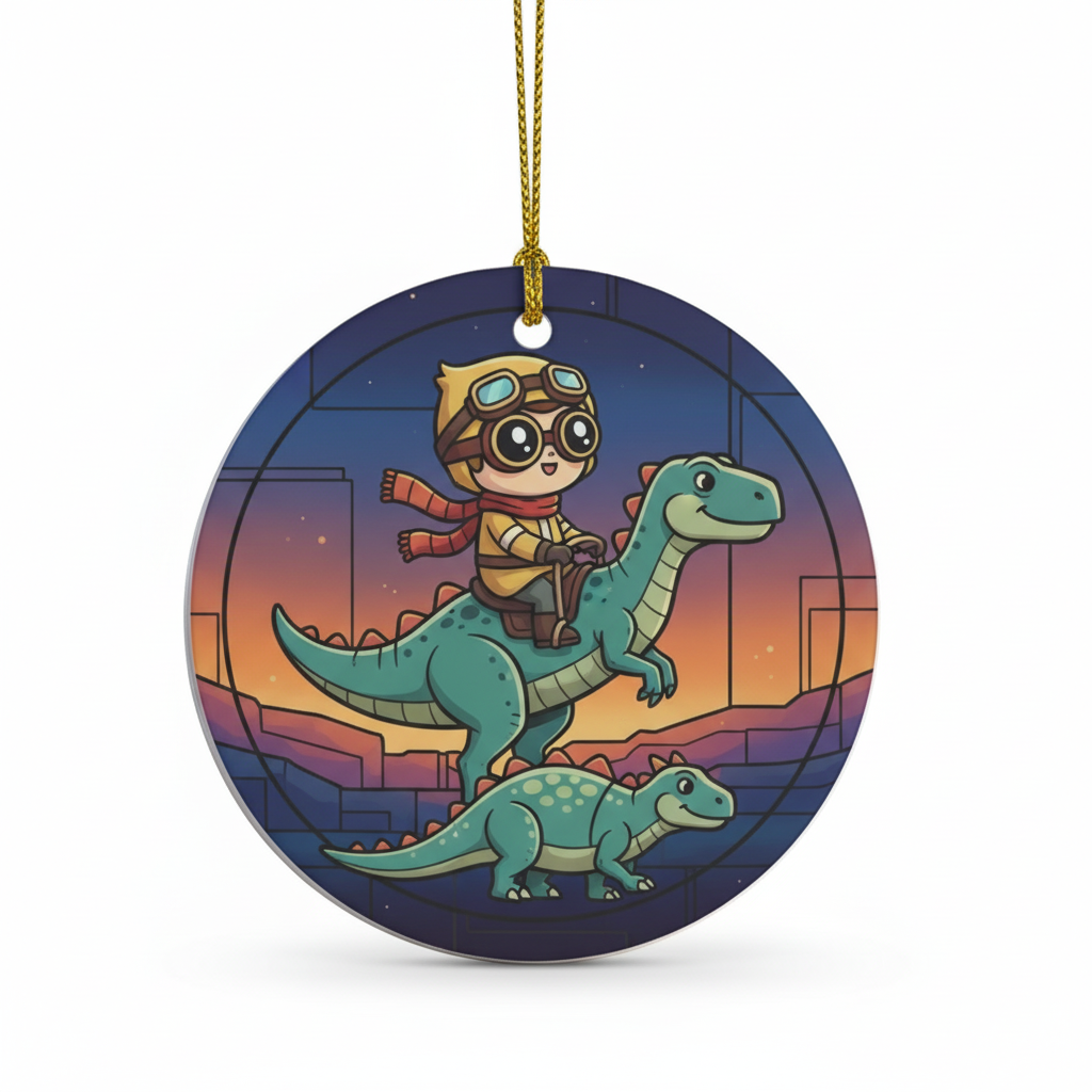 [2D FLAT ACRYLIC] Funny Jesus Riding Dinosaur Ornament with Faux Stained Glass Design