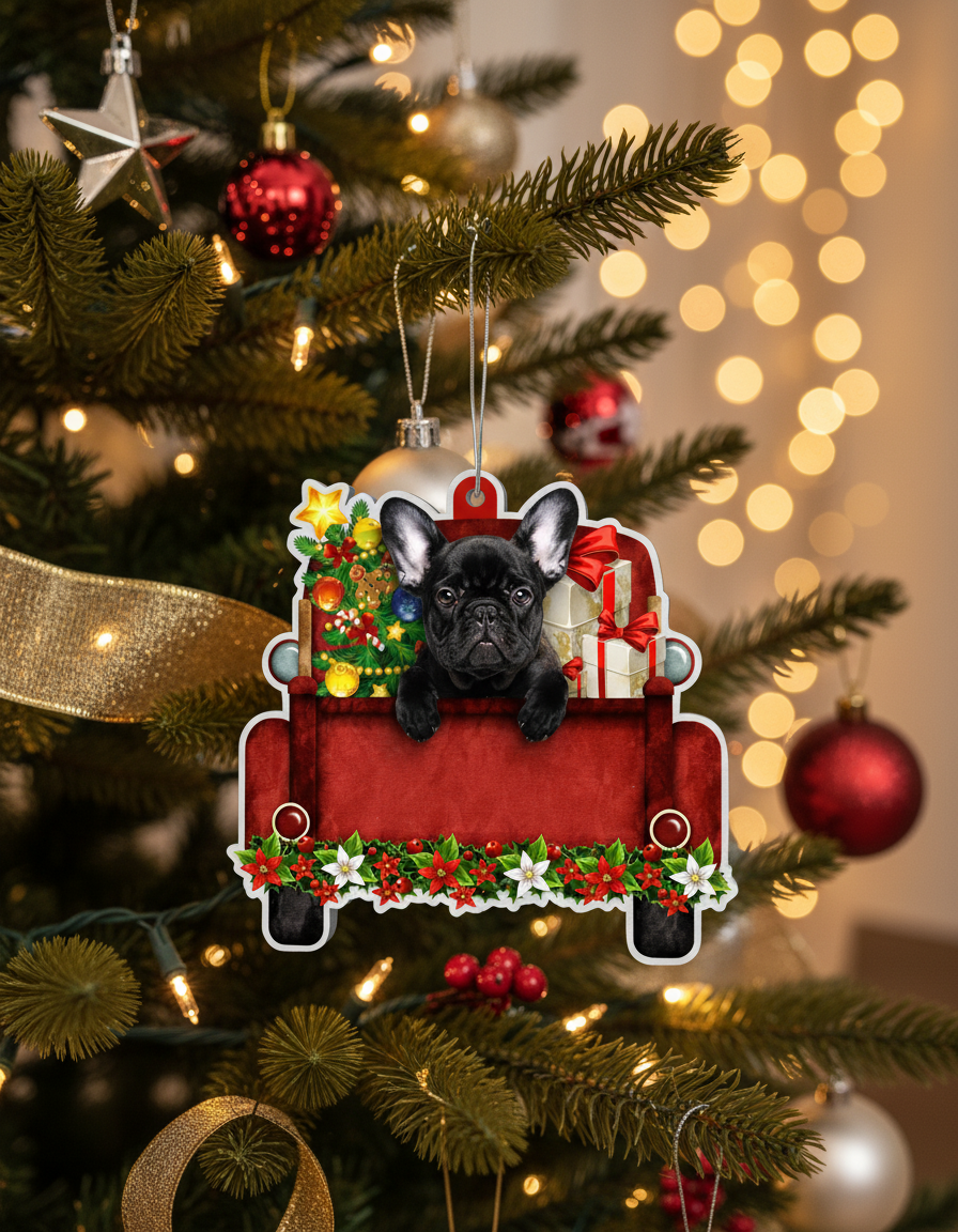 [2D FLAT ACRYLIC] Black French Bulldog Christmas Ornament | Frenchie Red Car Holiday Decor Gift