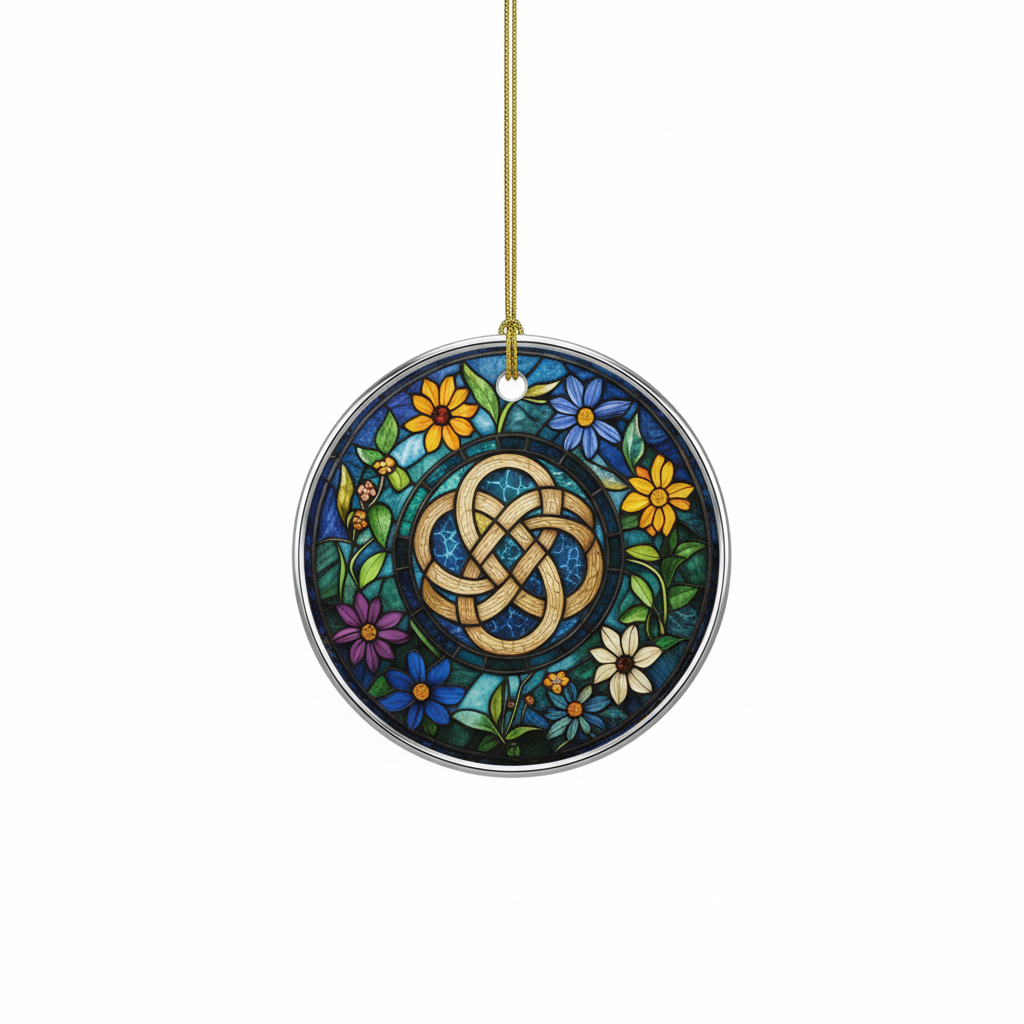 [2D FLAT ACRYLIC] Elegant Celtic Knot Wildflower Ceramic Ornament – Christmas Tree Decor