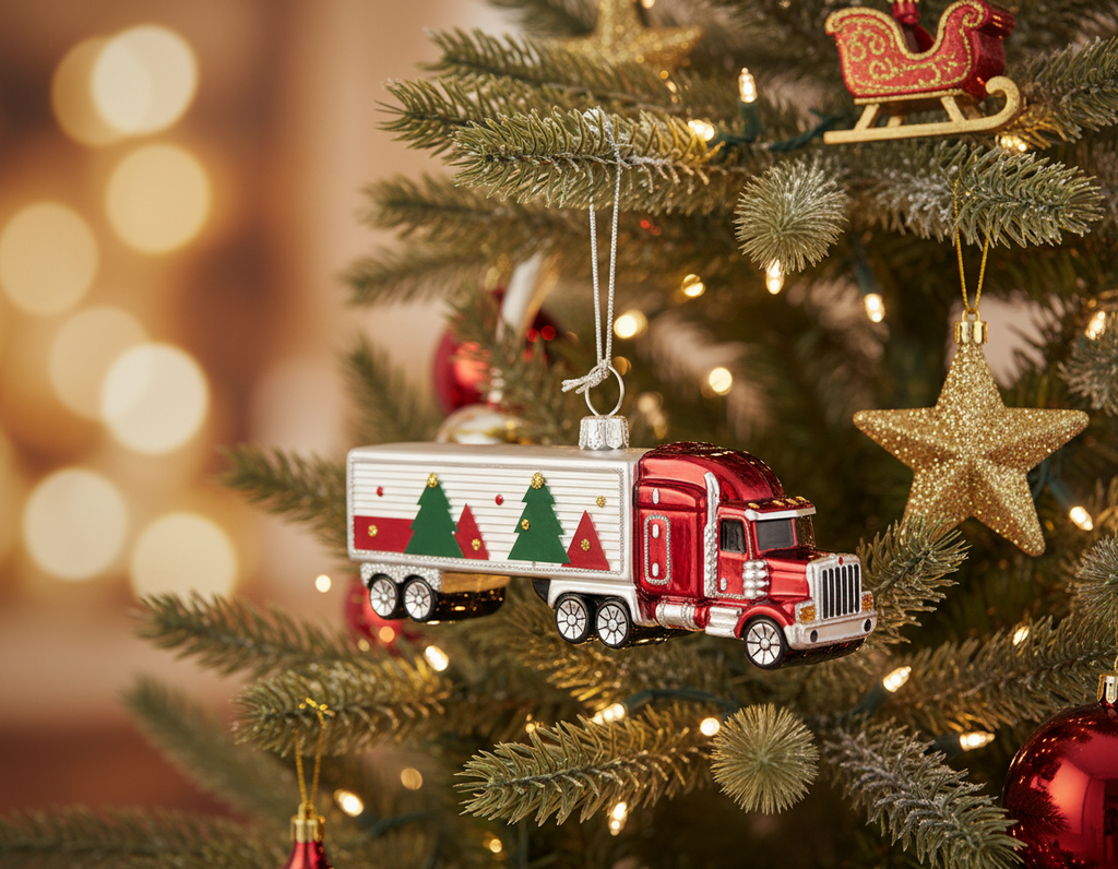 [2D FLAT ACRYLIC] The Bridge Collection Santa Express Truck Ornament – 4.75-Inch Red and White Christmas Semi-Truck Decoration, Perfect Gift for Truck Drivers