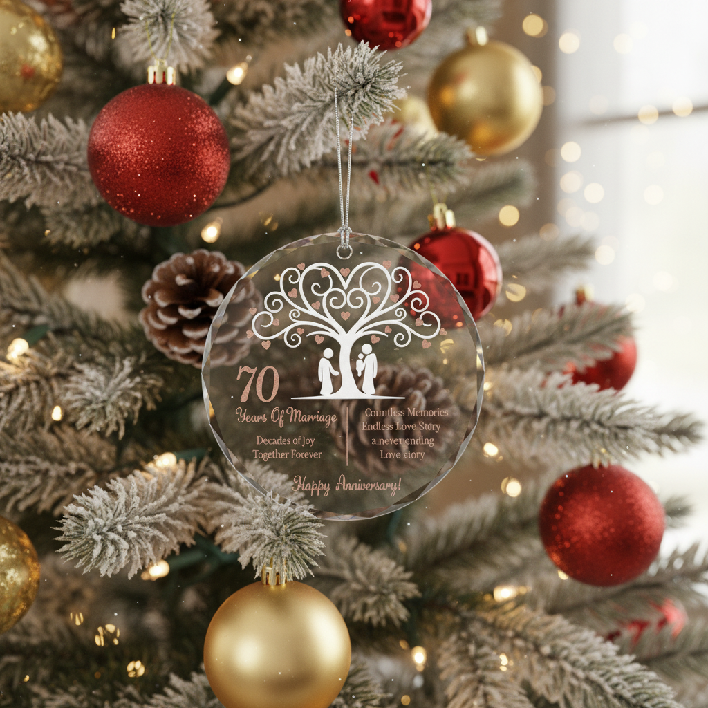 [2D FLAT ACRYLIC] 70th Platinum Wedding Anniversary Glass Ornament – Keepsake Gift for Parents & Couples