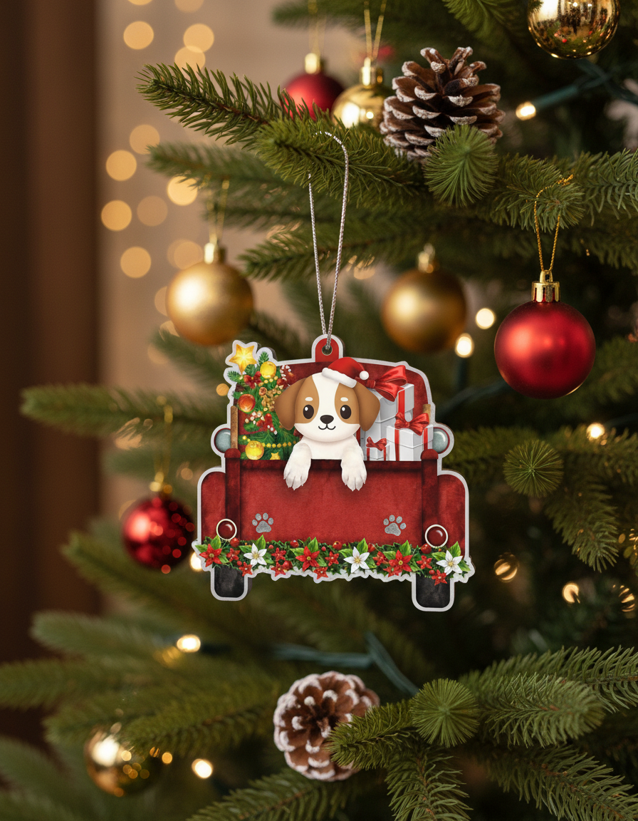 [2D FLAT ACRYLIC] Beagle Red Car Christmas Ornament | Holiday Keepsake Gift for Dog Lovers