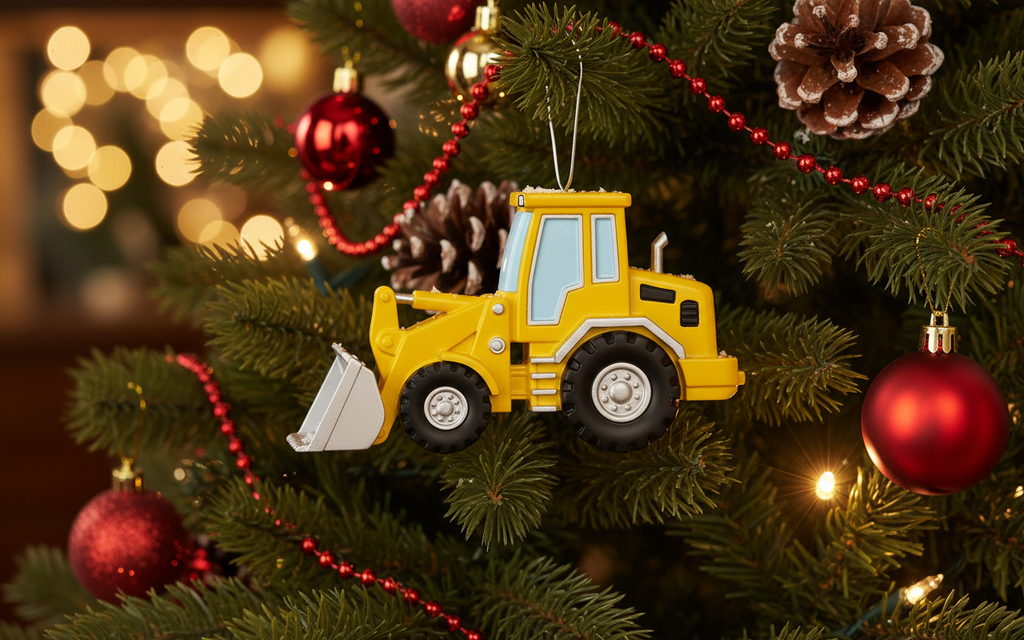 [2D FLAT ACRYLIC] Yellow Backhoe Christmas Ornament 2025 | Construction Holiday Decor & Truck Gift