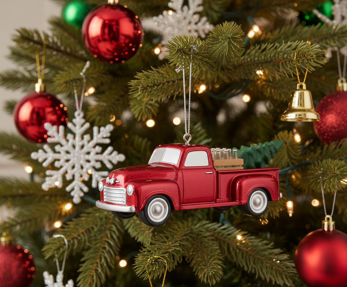 [2D FLAT ACRYLIC] Red Flatbed Truck Christmas Ornament | Rustic Holiday Decor & Trucker Gift