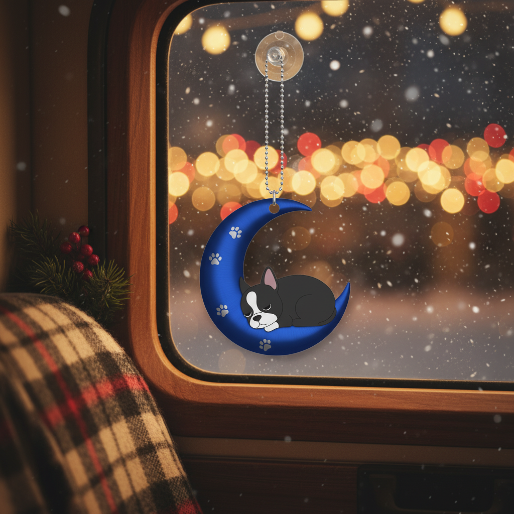 [2D FLAT ACRYLIC] Boston Terrier 'Love You to The Moon' Christmas Ornament | Dog Lover Gift