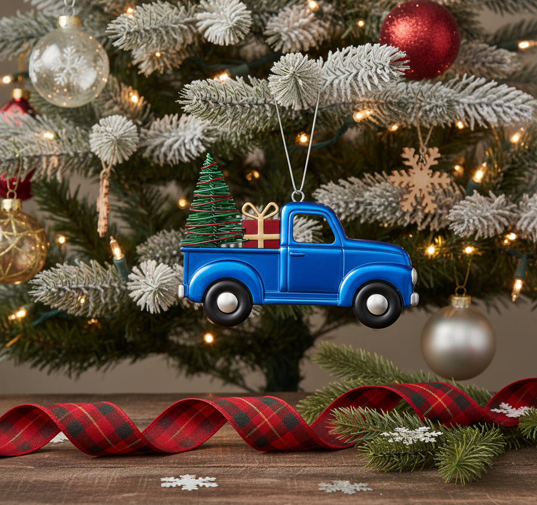 [2D FLAT ACRYLIC] Vintage Blue Truck Christmas Ornament | Charming Holiday Tree Decor