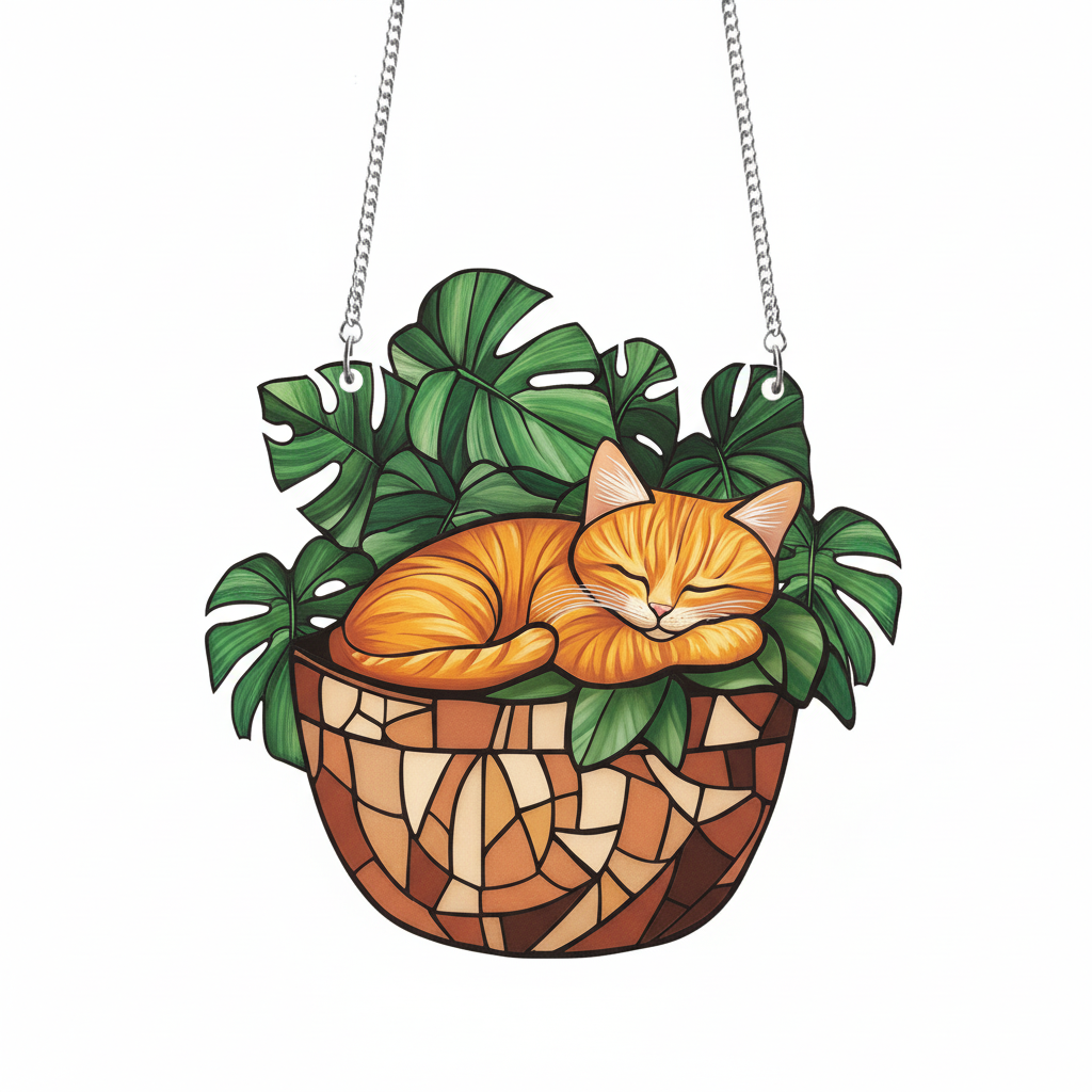 [2D FLAT ACRYLIC] Adorable Orange Cat Monstera Suncatcher – Window Decor for Plant Lovers