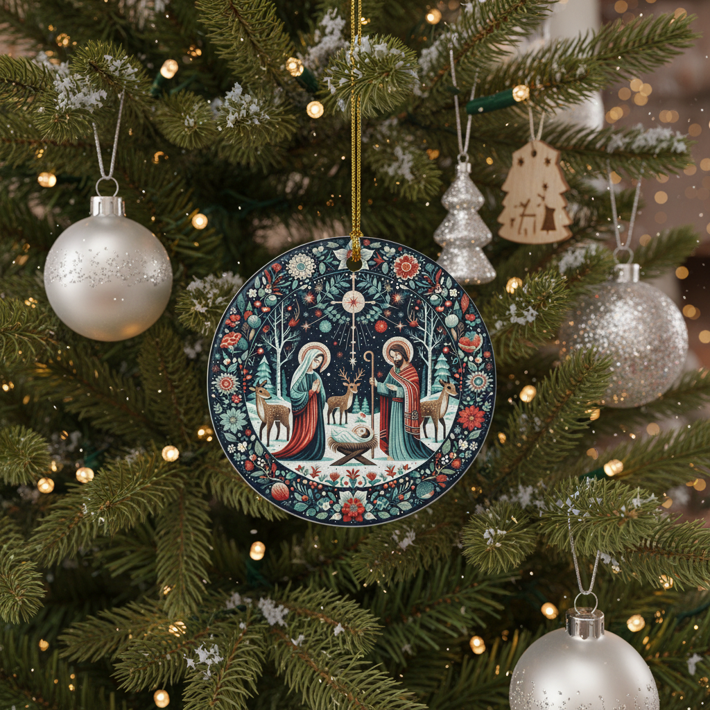 [2D FLAT ACRYLIC] Scandinavian Folk Art Nativity Ornament – Ceramic Christmas Keepsake