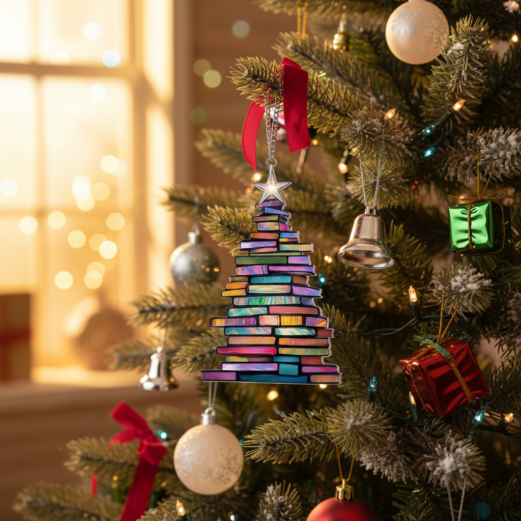 [2D FLAT ACRYLIC] Book Tree Christmas Ornament – Unique Gift for Book Lovers and Librarians