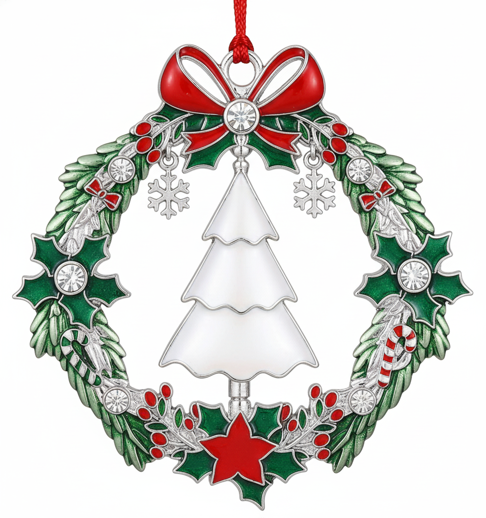 [2D FLAT ACRYLIC] 2025 Christmas Wreath Ornament with Rotating Tree – Dated Metal Holiday Keepsake