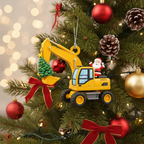 [2D FLAT ACRYLIC] Personalized Excavator Christmas Ornament with Santa – Custom Construction Truck Gift for Boys & Builders | Cute 2D Flat Holiday Decoration