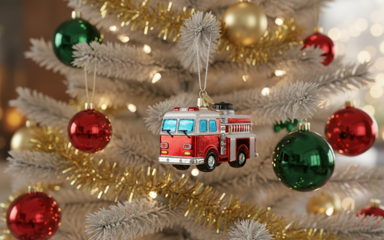 [2D FLAT ACRYLIC] Glass Fire Truck Christmas Ornament | Collectible Holiday Decor & Firefighter Gift