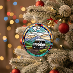 [2D FLAT ACRYLIC] Van Life Ceramic Ornament with Stained-Glass Style Sunset | Road Trip Traveler Gift