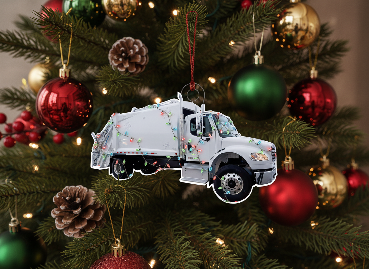 A white garbage truck Christmas ornament decorated with colorful holiday string lights, hanging by a red ribbon on a white background.
