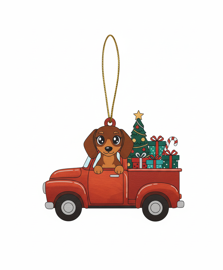 [2D FLAT ACRYLIC] Dachshund Red Truck Christmas Ornament | 3D Wood Holiday Decor Gift for Dog Lovers