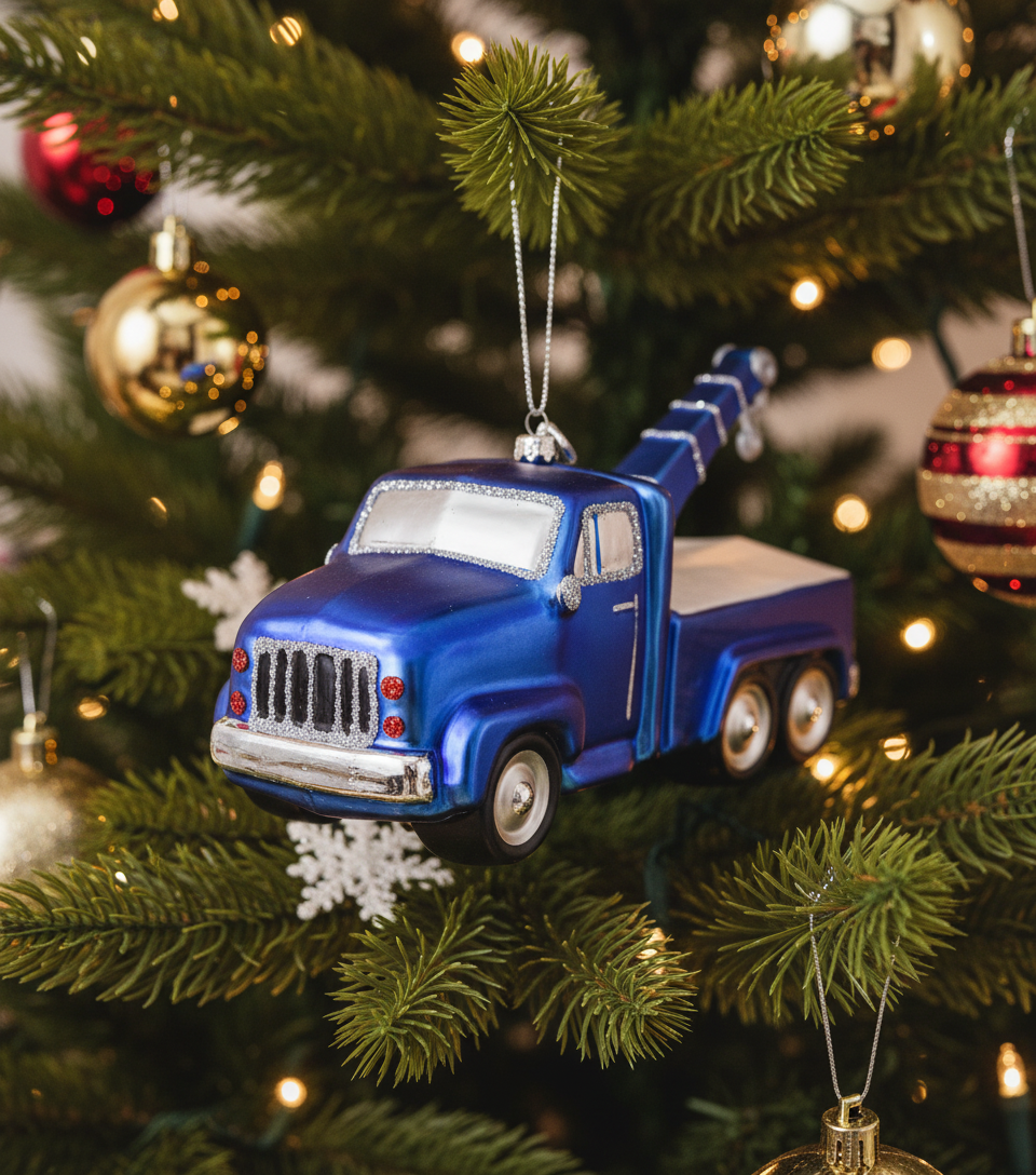 [2D FLAT ACRYLIC] Blown Glass Tow Truck Christmas Ornament | Unique Trucker Gift & Holiday Decor