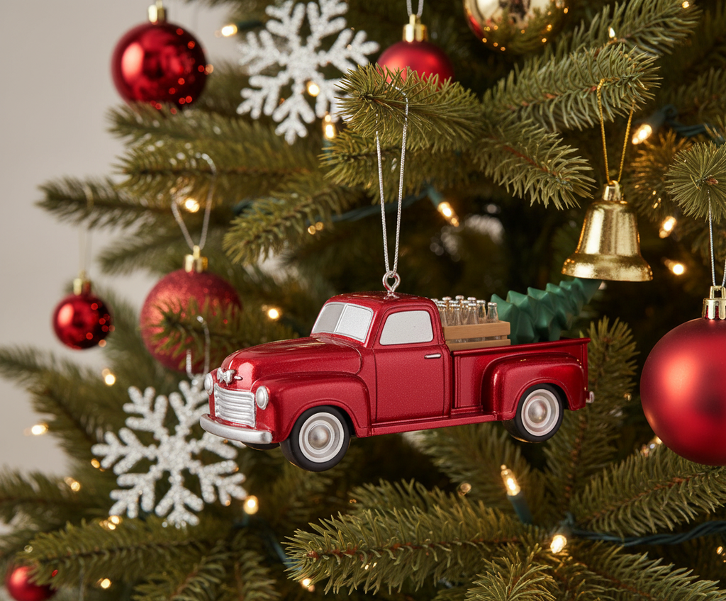 [2D FLAT ACRYLIC] Red Flatbed Truck Christmas Ornament | Rustic Holiday Decor & Trucker Gift