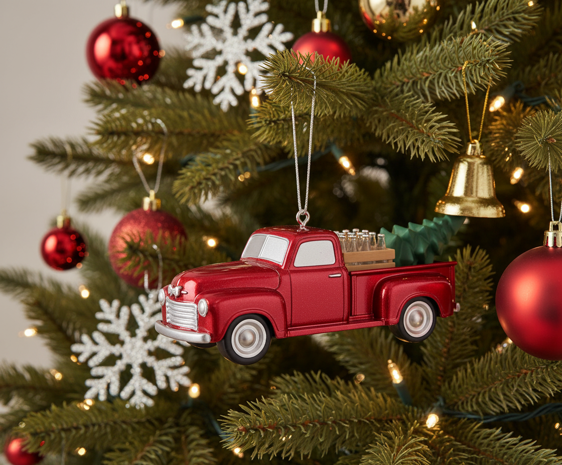 [2D FLAT ACRYLIC] Red Flatbed Truck Christmas Ornament | Rustic Holiday Decor & Trucker Gift