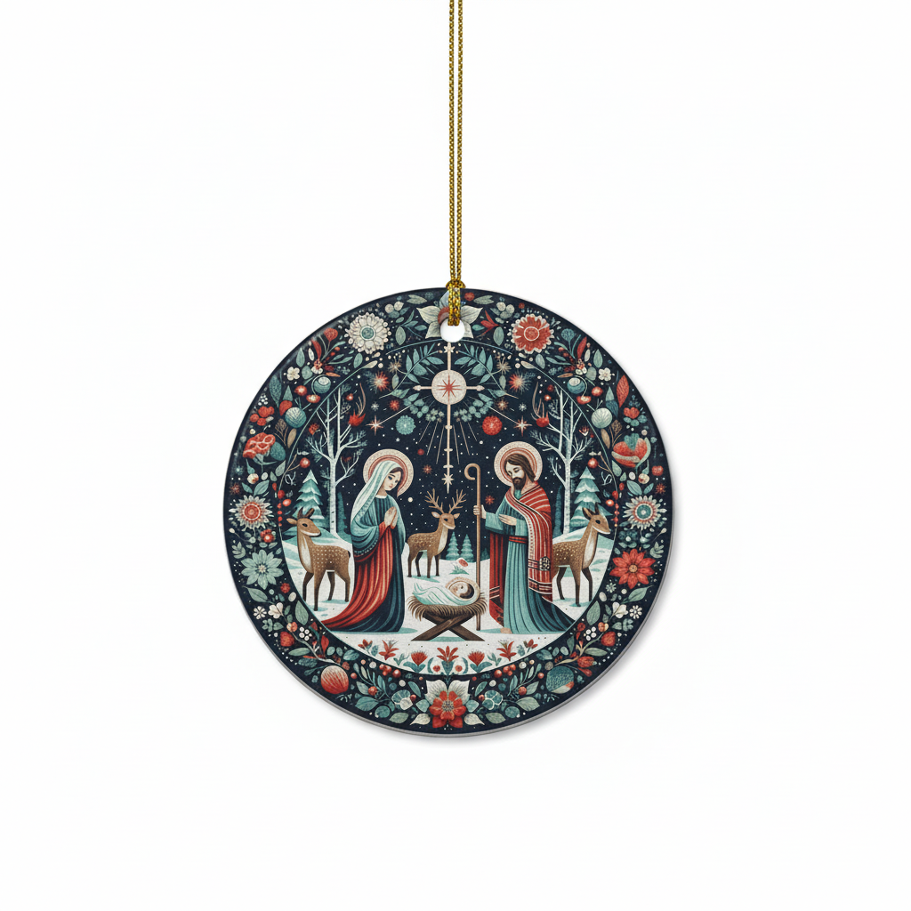 [2D FLAT ACRYLIC] Scandinavian Folk Art Nativity Ornament – Ceramic Christmas Keepsake