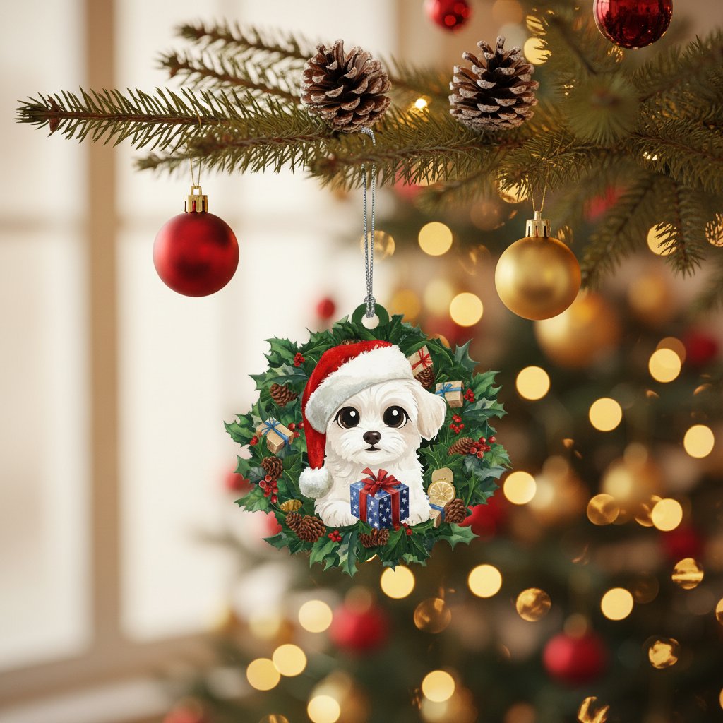[2D FLAT ACRYLIC] Bichon Frise Christmas Ornament – Festive Dog Lover Keepsake & Car Charm