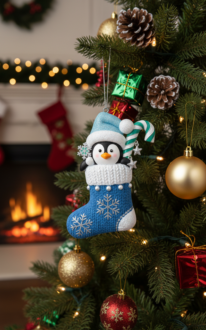 [2D FLAT ACRYLIC] Baby's First Christmas 2025 Ornament – Personalized Penguin Stocking Gift