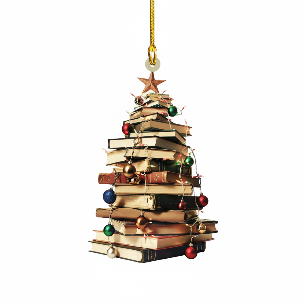 [2D FLAT ACRYLIC] Bookstack Christmas Ornament – Flat Acrylic Tree Decor Gift for Book Lovers
