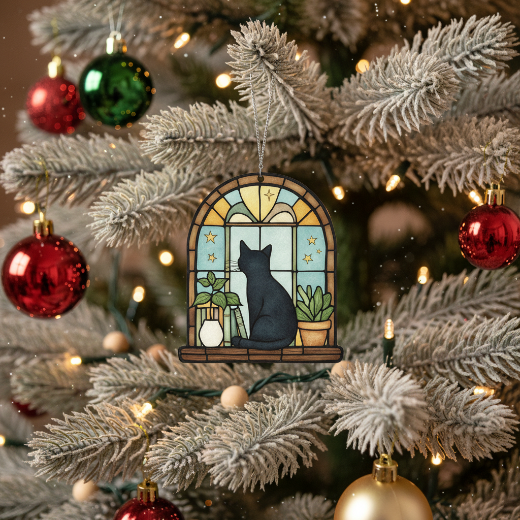 [2D FLAT ACRYLIC] Black Cat Ghost Reading Suncatcher – Unique Book & Cat Lover Gift Ornament